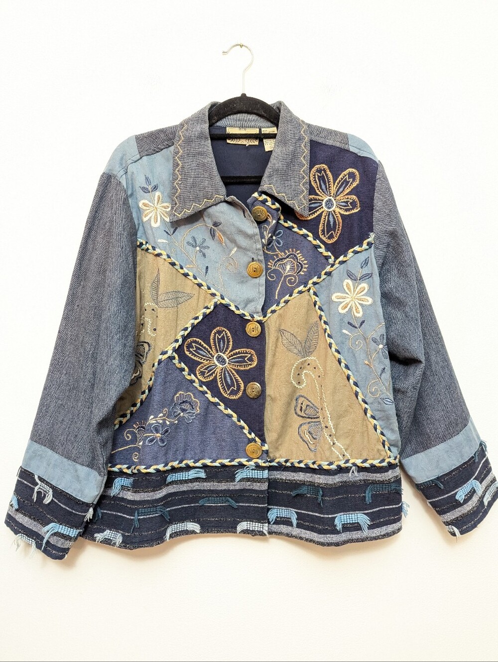 VTG Boho Floral Patchwork Mixed Media Embroidered Quilted Jacket Wearable Art